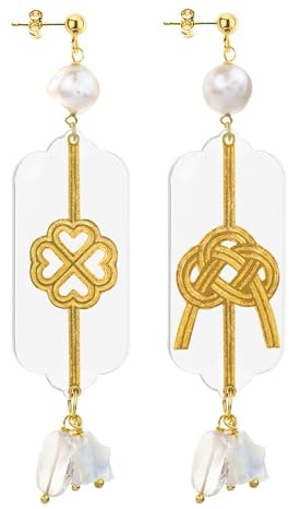 Lebole Maison Mizuhiki Fyrklöver och Knut Liten Plexi Transparent Pärlörhängen