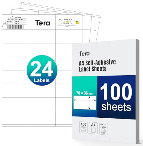 Tera adhesivas etiquetas dirección térmicas A4 70 × 36 mm: 2400 etiquetas (100 hojas A4, 24 por hoja) blanco mate imprimible para envío direcciones almacén identificación BA0007*2400