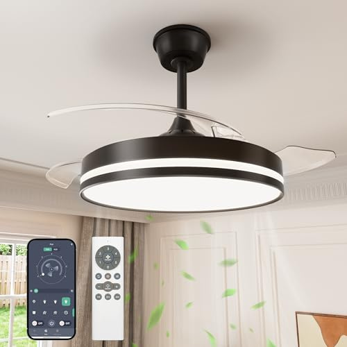 VOLISUN Ventilador de Techo con Luz aspas Retráctiles, Ultra-Silencioso Motor DC, CCT 3000-4000-6000K, Mando a Distancia - 50W Lámpara de Techo con Ventilador Moderno（(Negro, 106cm)