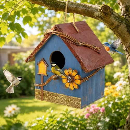 DEWEL Bird Houses for Garden, Bird house for Outdoor, Wooden Blue Bird Houses for Outdoors, Hanging Bird Nesting Box for Bluebird Finch Swallow Wren Robin, Gift for Bird Lovers