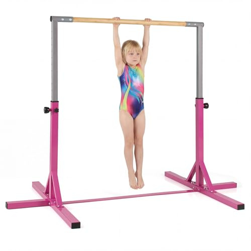 GYMAX Gymnastik Turnreck, höhenverstellbar 85-145 cm, Turnstange Gymnastikstange Kinder mit Metallrahmen & Bambusstange, Reckstange, Gymnastics Bar für Heimtraining (Rosa)