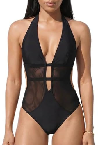 Novocloud Costume da Bagno Intero Donna Sexy Scollo a V Profondo - Costumi Interi Mare Piscina con Dettagli in Rete e Allacciatura Posteriore Elegante per Estate Spiaggia