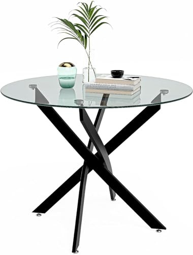GOLDFAN Table à Manger en Verre Table Ronde Salle à Manger avec Pieds en Métal de Cuisine 80 cm, Noir