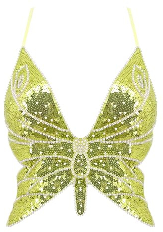 Mocure Womens Sparkly Butterfly Sequin Crop Tops Sexy Trendy Sleeveless Cute Butterfly Halter Tops Rave