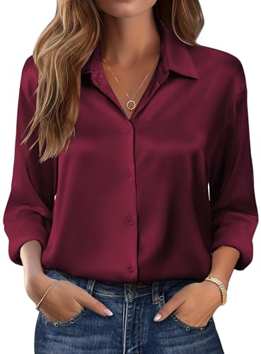 Beyove Blusa de satén de seda con cuello en V, elegante, manga larga, para negocios, con botones, suelta, manga larga, granate, XL