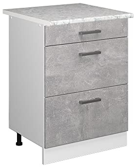 Vicco Küchenunterschrank R-Line, Beton, 60 cm | 3 Schubladen · AP Marmor inkl. · Höhenverstellbare Füße · ✓ Leichter Zugriff · ✓ Frei kombinierbar