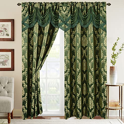 Elegant Comfort Set di 2 tende con mantovana a cascata, effetto jacquard, 150 x 200 cm, verde cacciatore/salvia