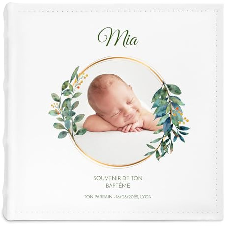 Maverton Album Photo 10x15 bébé à pochettes, Album Photo à personnaliser | En cuir blanc, Cadeau Bapteme Fille et pour Garcon, Livre photo de baptême avec bebe imprimé, Cadeau Noel, baptême 3