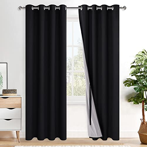 XWZO 100% Blickdicht Vorhänge, Doppellagige Dicker Verdunklungsvorhänge mit Ösen, Schallschutz Thermovorhänge 2er Set Schlafzimmer Gardinen, Blackout Curtain, 260x140 cm(HöhexBreite), Schwarz