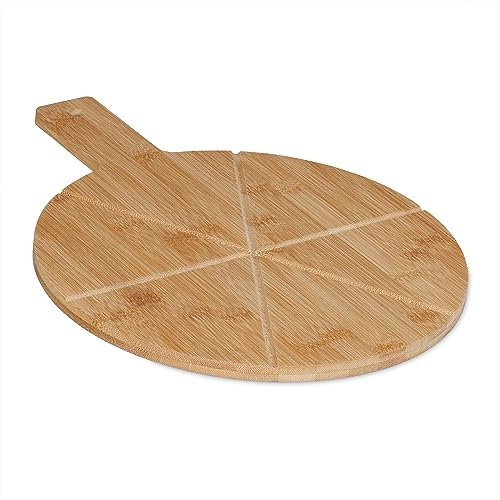 Relaxdays Tagliere per Pizza, Vassoio in bambù, Ø 30 cm, Piatto per Formaggio, Frutta, con Manico, Rotondo, Naturale, 30 Centimeters cm