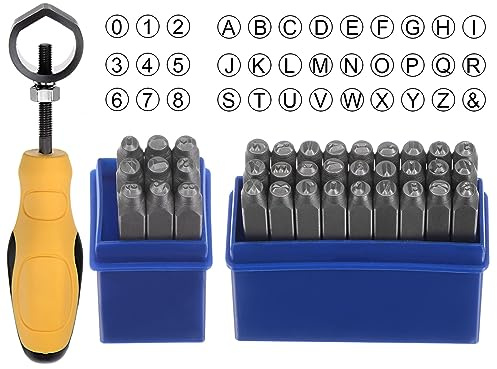 QUARKZMAN 36Stk Metall Stempeln Kit 1/8 (3mm) (A-Z 0-8 & Symbol) Stahl Buchstabe Locher Drücken Werkzeug mit Halter Aufstempeln Metall Plastik Holz Leder Silber