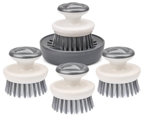 Dish Brush with Handle, Dishwashing Dishes Scrubbers Brush, Kitchen Heavy Duty Scrub Scouring Pad Odor-Free Handheld Scrubbing Cleaner Brush with Tray Suitable for Cleaning Sink, Pot, Pan 5 Pack Grey