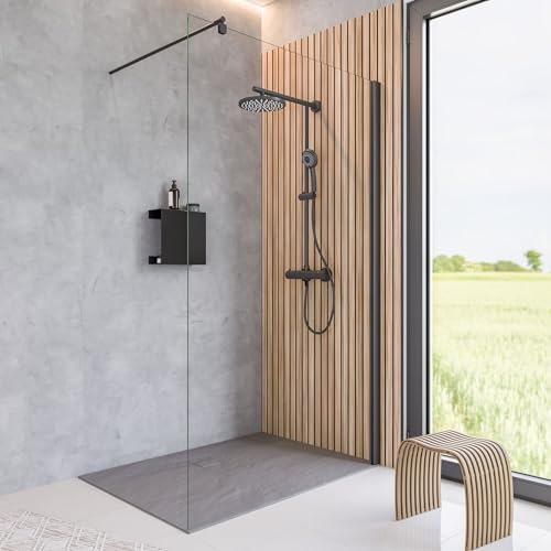 Schulte paroi douche italienne 90x200 noir barre 122 cm réversible, 6mm | verre transparent trempé, plage de réglage 88.0-90.5, barre recoupable