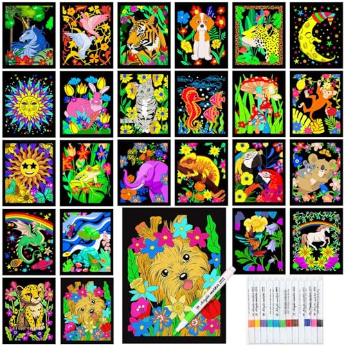Zhanmai Pack of 48 Velvet Coloring Posters and Acrylic Paint Marker Animal Fuzzy Velvet Coloring Posters for Adults Teenagers Large Poster for Classroom Festive Holiday Arts Crafts Activity