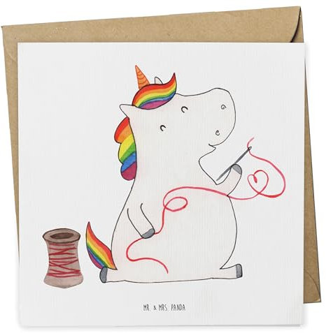 Mr. & Mrs. Panda Glückwunschkarte Einhorn Näherin - Geschenk, Häkeln, Nähen, Einhörner, faltkarte, Grußkarte, anlasskarte, Klappkarte, doppelkarte, Unicorn, Basteln, Freundin