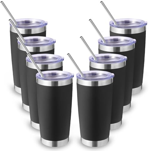 Volhoply 550 ml reseisolerat glas med lock och sugrör storpack 8-pack, dubbelvägg rostfritt stål kaffemugg passar kopphållare, pulverlackerade koppar för varma och kalla drycker, BPA-fri (svart, 8 set