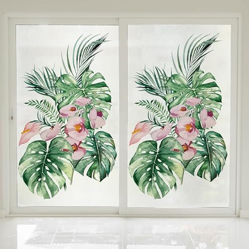 Film Opaque Fenetre Feuilles Vert Rose Brise Vue Fenetre Stickers Fenetre Film Vitre Anti Regard Film Electrostatique Vitre pour Bureau Maison Film Opaque Vitrage 4Pcs (60x116 cm)