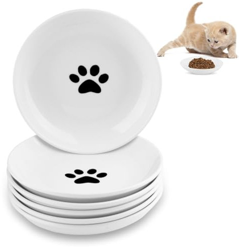 CROUTE 6 Stück Katzennapf Keramik - Katzennapf Flach - Katzenteller - Futternapf Katze - Fressnapf Katze - Katzen Napfset - Katzenschüssel - Anti Whisker Fatigue Cat Bowl - Weiss (Cat Paw Pattern)