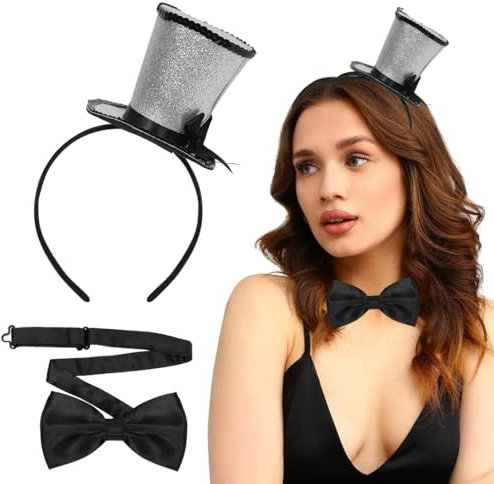 Meleager Cerchietto con Cappello, Mini Argento Cilindro Cerchietto e Papillon, Per Ballo di Fine Anno, Festa, Carnevale, Halloween