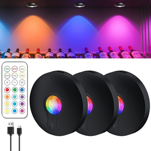 POCKETMAN 13 färger RGB LED-spotlights skåpbelysning med fjärrkontroll, magnetisk dimbar, 2 ljuslägen LED trådlös underbyggnad, med timing-funktion, skåpljus, USB uppladdningsbar (3)