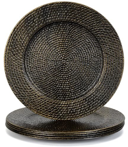 Kazozobi 13 Black Round Charger Plates Set of 6, Plastic Rattan Chargers for Dinner Plate, Festival Tabletop Decor Table Setting Centerpiece Bulk Event, Party