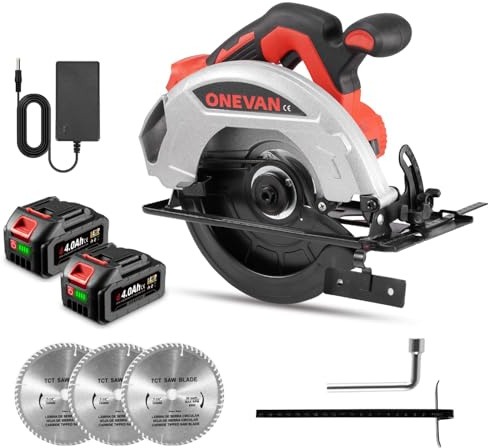 ONEVAN Batteridriven cirkelsåg, borstlös cirkelsåg med 2 4 000 mAh batterier och 3 cirkelsågblad 185 mm, skärdjup 45,5 mm (90°)/33,5 mm (45°)