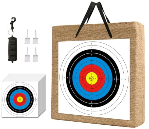 Fiita 50x50x12cm Bogenschießen-Zielscheiben mit 20 Stück Papierpfeil-Zielscheibe für Hinterhof-Bogen und Pfeil, Stroh-Zielscheibe für Recurve-Compound-Outdoor-Bogenschießen, für 10-70 lbs Bögen