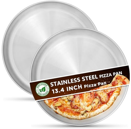 Kevenal Stainless Steel Pizza Pans 13.4 inch, Pizza-Pan for Oven, Steel Pizza Tray, Round Pizza Plate Set of 2 (Extra Thick)