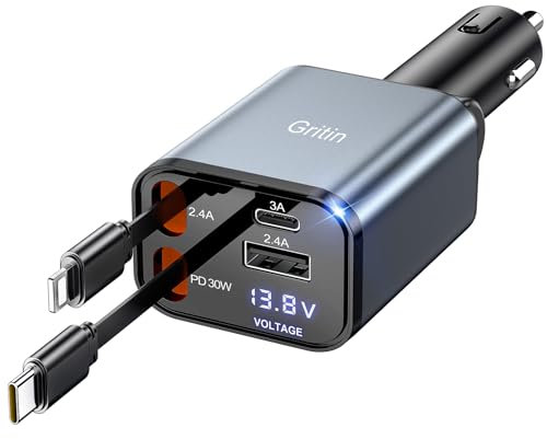 Gritin Retractable Car Charger, 69W Super Fast 4 in 1 USB C Car Charger Adapter with Smart Device-Adaptive Charging Technology&Instant Voltage Display, Accessories for iPhone 16 15,iPad,Android etc