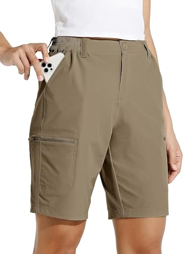WILLIT Damshorts, vandringsbyxor, korta byxor, sommar, cargobyxor, cykelbyxor, stretch, sportbyxor, golfshorts, snabbtorkande vandring, utomhus, lätta resor, shorts med fickor, 25 cm, Mörkkaki, M