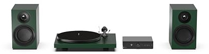 Pro-Ject färgglatt ljudsystem E, äkta analogt HiFi-stereosystem, allt-i-ett Hi-Fi-set inklusive Debut E-skivspelare, stereolåda E integrerad förstärkare och högtalarbox 5E kol (satäng gran grön)