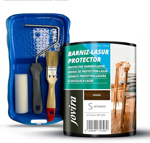 JOVIRA PINTURAS BARNIZ-LASUR Protector Satinado al Agua y Kit con Minicubeta, Rodillo de Espuma, Varilla y Paletina. (750 Mililitros, Nogal + Kit Barniz-Lasur) G-8-K