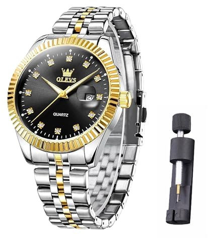 Raitown Herrenuhr Edelstahl 42mm Großes Zifferblatt mit 12 Kristallmarkern und Datumsanzeige 30M Wasserdicht Analog Quarzwerk Klassisches Design Männer Armbanduhr Schwarz