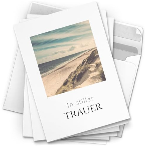 10 Trauerkarten mit Umschlag – Einladung zur Beerdigung oder Trauerfeier | Abschied | Hochwertige Klappkarten zur Todesanzeige – Motiv: Am Strand