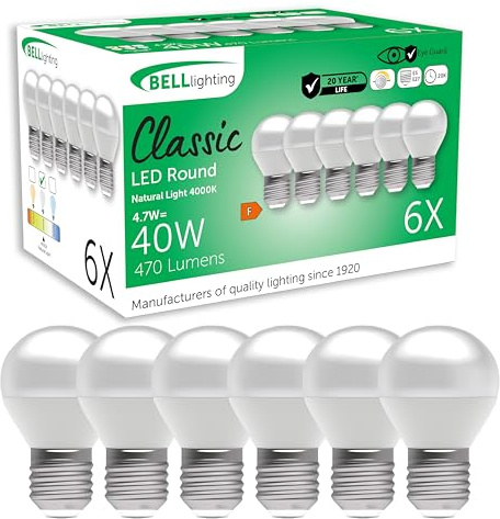 BELL Lighting E27 Dimmable LED Golf Ball Bulbs Natural White 4.7W 6 Pack | Dimmable E27 Edison screw LED golf ball bulbs with 4000K natural white light, 470lm brightness and 40W equivalent output.