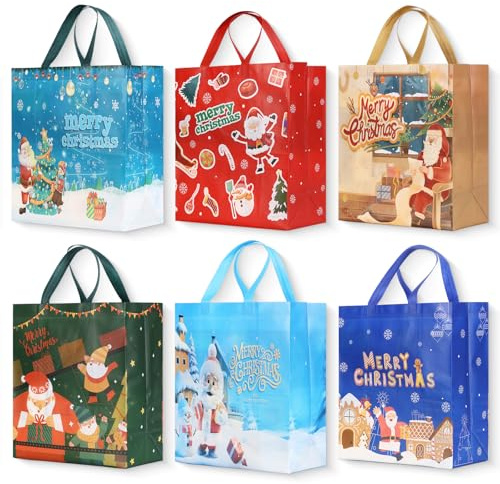 6 Stück Weihnachtstüten Groß, 35x31x15cm Non-Woven Geschenktüten Weihnachten mit Griffen, Wiederverwendbare Weihnachtstaschen für Einpacken von Geschenken, Partydekoration und Aufbewahrung