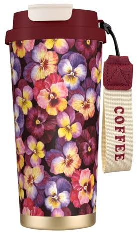YXDVPALNE Watercolor Pansy Flowers,316 Stainless Steel Coffee Mug with Lanyard,Insulated Tumbler Double Wall Travel Car Cup 500 ml