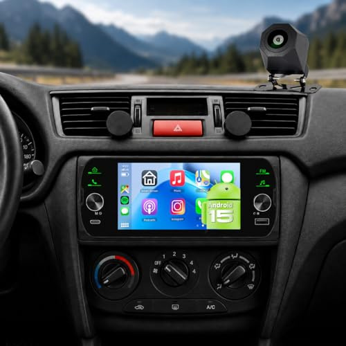 【4+64G】 Hodozzy USB-C/USB Radio Coche Android 1 DIN con Carplay Android Auto, Autorradio Bluetooth con Pantalla de 5 Pulgadas, GPS WiFi Mirror Link con RDS FM y Cámara de Visión Trasera