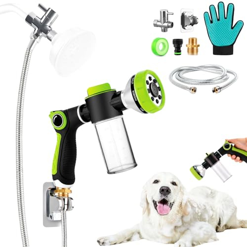 Dog Shower Attachment, All-in-One Pet Bathing Attachment for Shower System | for Indoor Dog Washing, Dog Bathing Kit, 8-in-1 Dog Sprayer, Shower Bracket, Hose, 3-Way Diverter, Grooming Glove, Connector