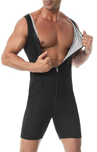 Sauna Suit for Men Weight Loss, 3 in 1 Men's Sweat Jumpsuit Slimming Compression Workout Shapewear for Fitness RunningSilver,L