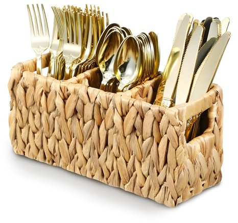 YBEATY Wicker Party Silverware Caddy Water Hyacinth Plastic Kitchen Cutlery Utensil Holder Hand Woven Spoon Forks Knives Organizer Basket with Handles for Table Countertop Picnic flatware Storage