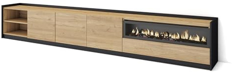 Skraut Home | Mueble TV | Televisión | Muebles de salón, almacenaje | 310x50x37 cm | para TV hasta 80 | Chimenea eléctrica | Estilo Moderno | Roble y Negro