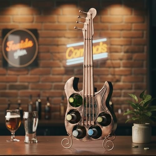 MF GuitarVino E-Gitarren Flaschenhalter, Bronze-Kupfer Design, 63 cm x 24 cm, Metall Weinregal für 5 Flaschen