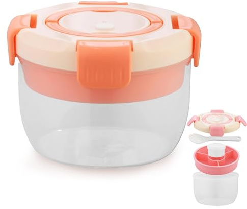 Punorric Salad Bowl with Lid 1300ml - Lunch Box with Compartments Bento Box, Salad Lunch Box with Dipping Container & Spoon, Clear Microwave-Safe with Handle for Pasta, Candy, Chips, Fruit, Prep