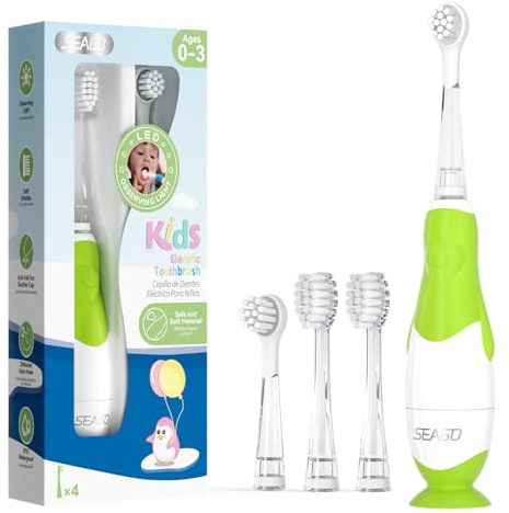 Seago Cepillo de dientes eléctrico para niños de 6 meses a 4 años, cepillo de dientes sónico para bebés con cepillo de luz LED, temporizador inteligente impermeable IPX7, SG513(Verde)