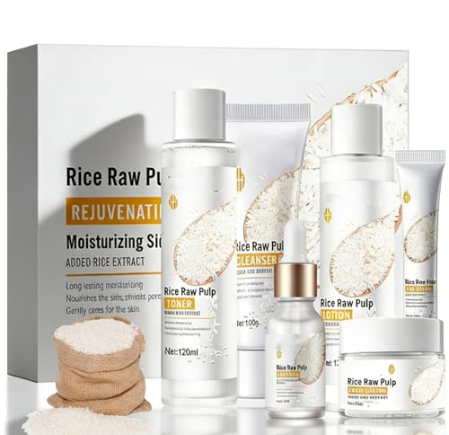 Reis Skincare Set, hudvård presentset kvinnor smidig, Rice vårdset damer jämnar ut huden med rengöringsmjölk, toner, ögonkräm, rismjölklotion