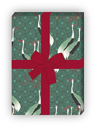 Kartenkaufrausch Feines Geschenkpapier Set mit Kranichen zur Hochzeit, Geburtstag, tolle Geschenke, grün 4 Bögen, 32 x 47,5 cm Dekorpapier, Musterpapier zum Einpacken, Designpapier zum Basteln