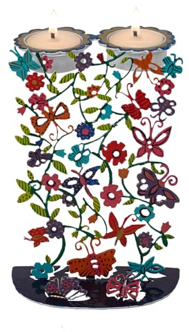 Yair Emanuel Shabbat Tea Light Candle Holders 7 Inch– Laser Cut Metal with Hand-Painted Butterfly Garden Design - Colorful Judaica Gift