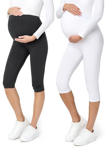 Be Mammy Leggings de maternité en Coton 3/4 Courts Confortables et Opaques 3/4 Pantacourt Pantalon Grossesse Maternité 2Pack BE20-229 (2Pack Noir/Blanc XXL)