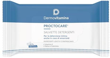 Proctocare Salviette Detergenti Dermovitamina - Igiene Intima - Trattamento Emorroidi - Azione Lenitiva e Rinfrescante - Malva e Calendula - Tessuto Biodegradabile - 15 pz